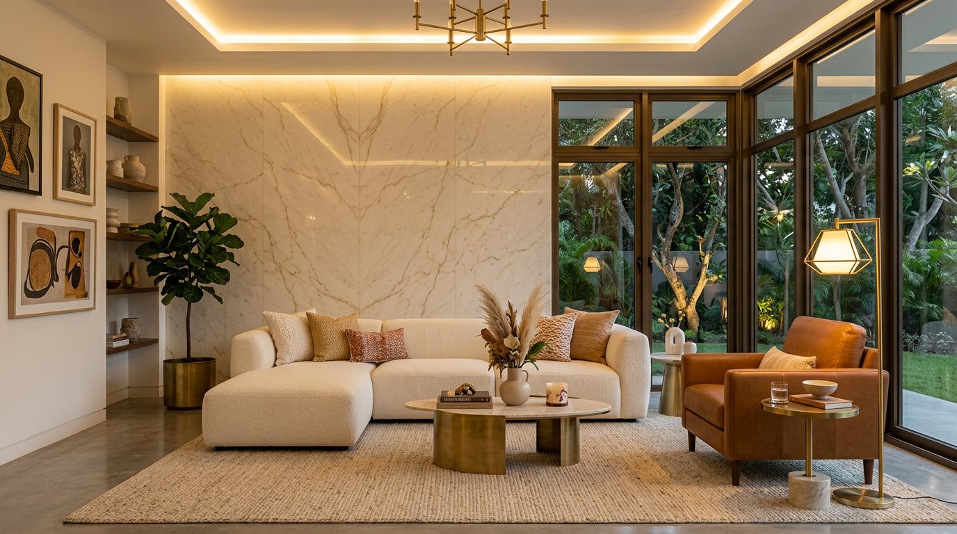 Luxurious living room with feature wall